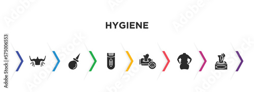 hygiene filled icons with infographic template. glyph icons such as body odour, l aspirator, epilator, baby wipe, body shaming, tissues vector.