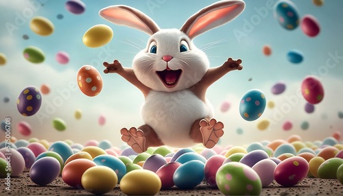 Happy Easter bunny with eggs flying everywhere. Generative Ai. © kilimanjaro 