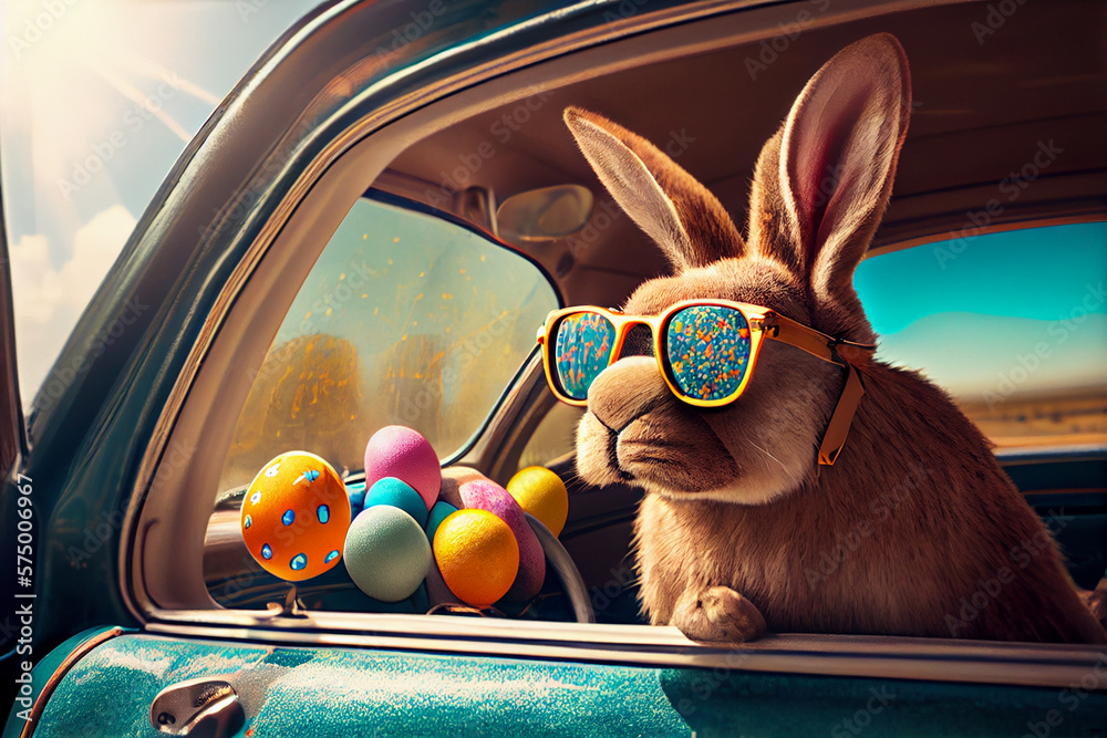 Cute Easter Bunny with sunglasses looking out of a car filed with easter eggs, Generative AI - obrazy, fototapety, plakaty 