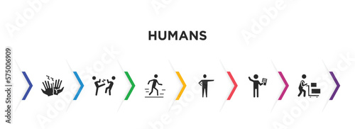humans filled icons with infographic template. glyph icons such as high five, fighting, walk, man pointing, worker with notepad, hotel supplier vector.