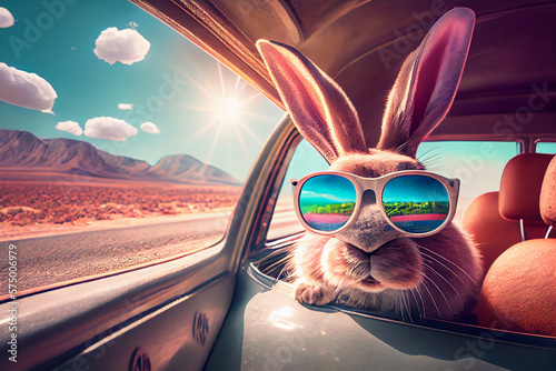 Cute Easter Bunny with sunglasses looking out of a car filed with easter eggs, Generative AI