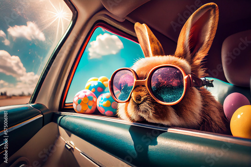 Cute Easter Bunny with sunglasses looking out of a car filed with easter eggs, Generative AI