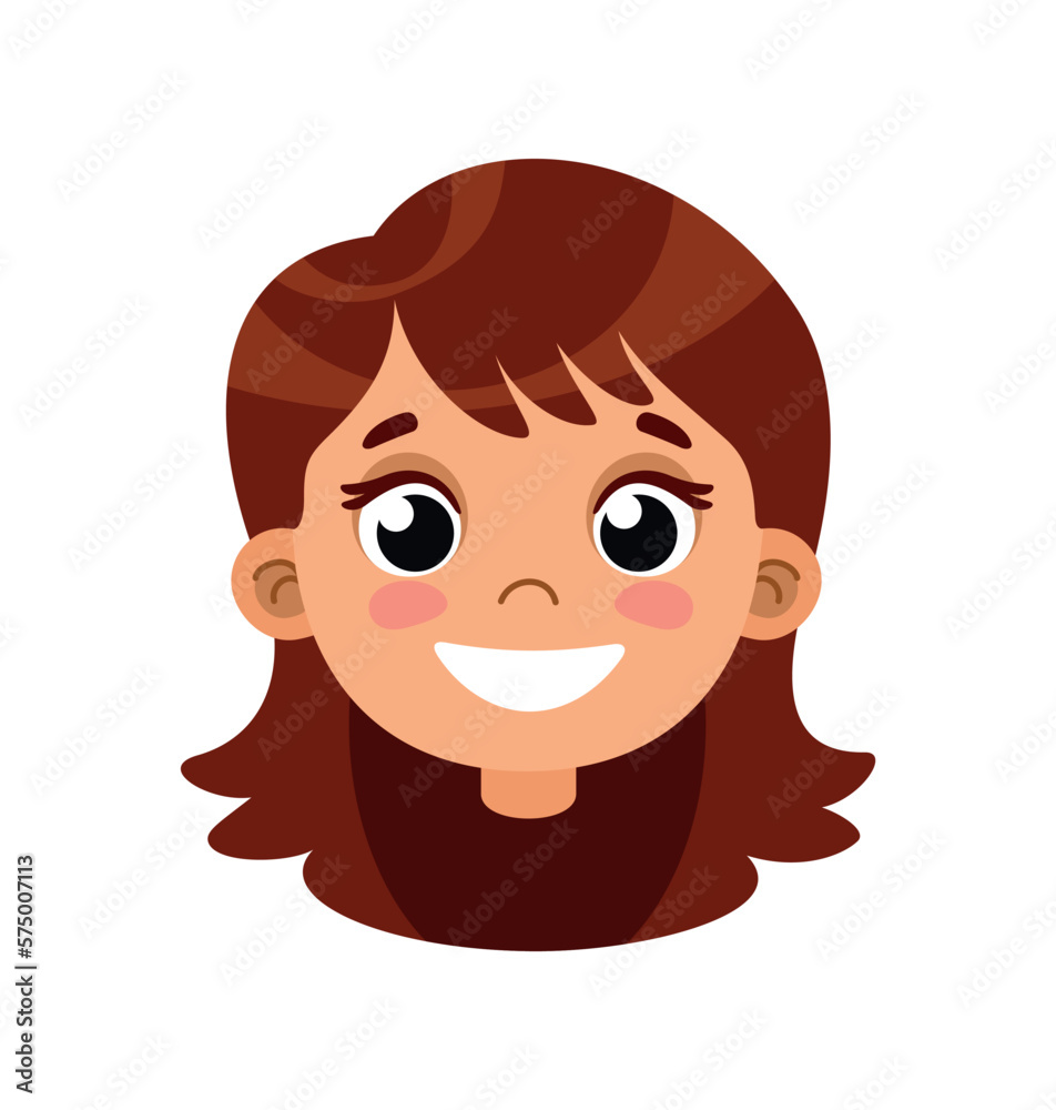 Smiling girl head for animation. Cute and adorable schoolgirl with white teeth, body part for creating video. Creativity and art, character constructor. Cartoon flat vector illustration