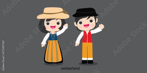 switzerland republc in national dress with a flag. Man and woman boy in traditional costume. Travel switzerland. People.illustrationa