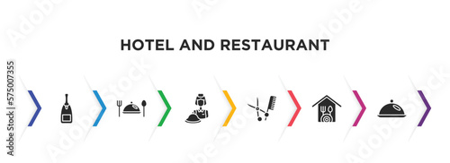 hotel and restaurant filled icons with infographic template. glyph icons such as champagne, meal, reception, barbershop, restaurant, restaurant tray vector.