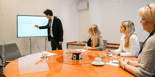 A young manager is discussing graphs on an interactive whiteboard at the workplace with his team.