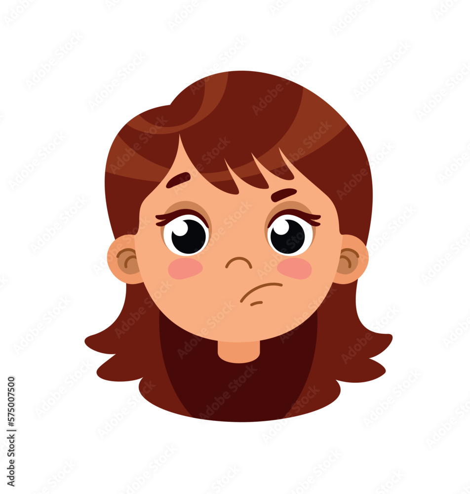 Embarrassed girl head for animation. Charming character thinks, puzzled person. Thoughtfulness and logical processes, naughty schoolgirl. Cartoon flat vector illustration Embarrassed girl head for animation. Charming character thinks, puzzled person. Thoughtfulness and logical processes, naughty schoolgirl. Cartoon flat vector illustration