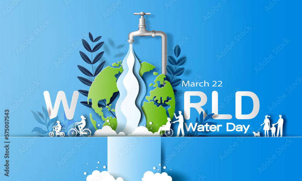 World Water Day, save water, the water flows out of the tap while many people are involved in activity, paper illustration and 3d paper.