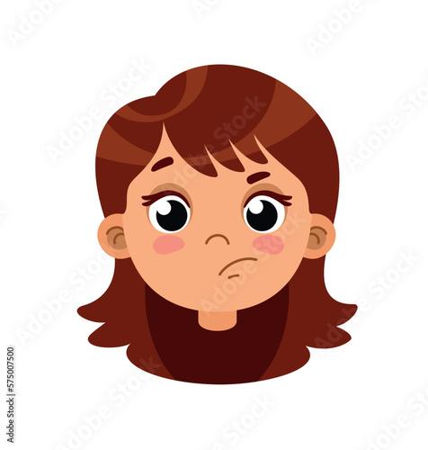 Embarrassed girl head for animation. Charming character thinks, puzzled person. Thoughtfulness and logical processes, naughty schoolgirl. Cartoon flat vector illustration