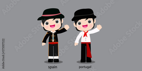 spain republc in national dress with a flag. Man and woman boy in traditional costume. Travel czeech portugal. People.illustrationa photo