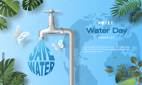 World Water Day, a drop of water from a tap, save the water and save the earth. Paper illustration and 3d paper.