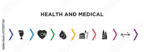 health and medical filled icons with infographic template. glyph icons such as boy, beat, blood drop, fast food, ampoule, tonometer vector.