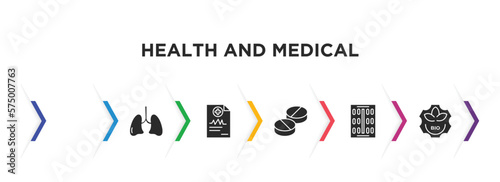 health and medical filled icons with infographic template. glyph icons such as chest expander, lung, medical report, pills, contraceptive pills, bio vector.