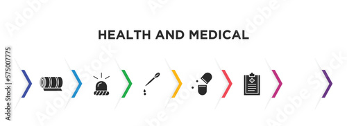 health and medical filled icons with infographic template. glyph icons such as yoga mat, poisonous, emergency, pipette, antibiotics, medical checklist vector.