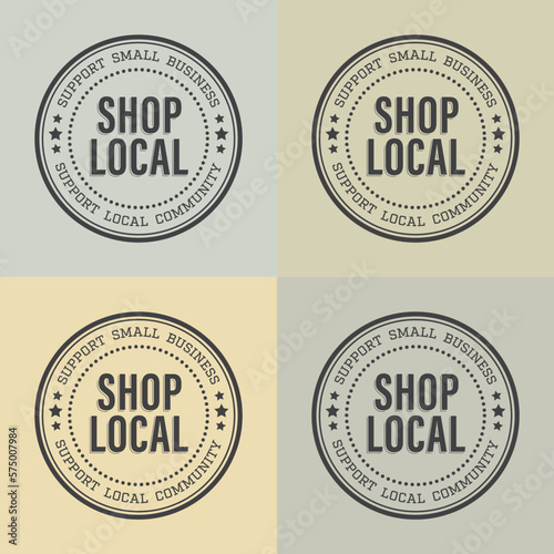 Shop local, buy local. Shop small business concept. Support local community. Set of four icon doodle badges, icon. Flat vector illustrations Soft earth colors