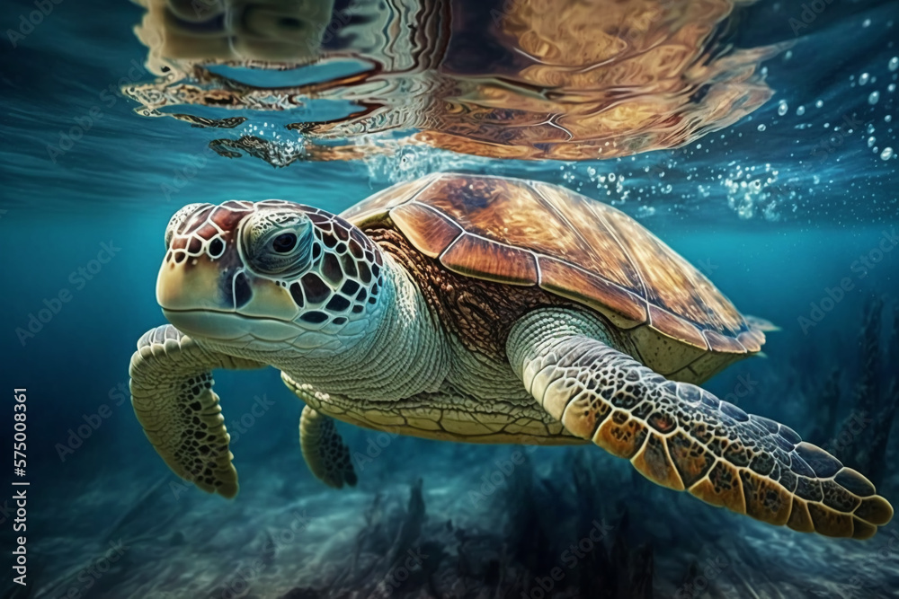 Fototapeta premium Turtle underwater on a reef background, generated ai