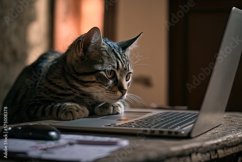 Cat working on a laptop. Ai generative.