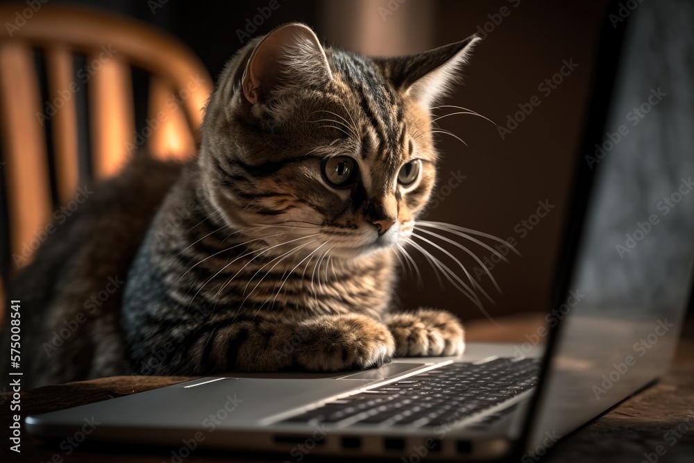 Cat working on a laptop. Ai generative.