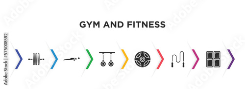 gym and fitness filled icons with infographic template. glyph icons such as gymnastic roller, pushups exercises, gymnastic rings, power ball, skip rope, locker vector.
