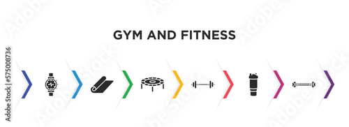 gym and fitness filled icons with infographic template. glyph icons such as training watch, mat for fitness, trampoline, lifting barbell, protein shake, chest expanders vector.