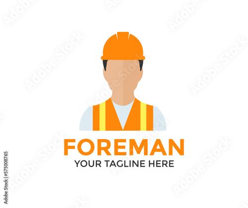 Foreman male in orange safety hard hat helmet and vest logo design. Person Profile, Avatar Symbol, Male people icon. Professional male industrial worker vector design and illustration.
