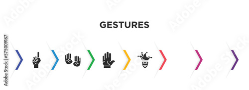 gestures filled icons with infographic template. glyph icons such as finger up, smudge, deaf, piercings, hand up, joker face vector.