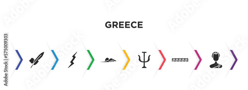 greece filled icons with infographic template. glyph icons such as ink and quill, zeus, , psi, greek ornament, alexander the great vector.