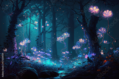 Fairy forest at night  fantasy glowing flowers and lights. Generated AI.