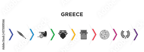 greece filled icons with infographic template. glyph icons such as xifos, chariot, muse, jonic column, labyrinth, laurel vector.