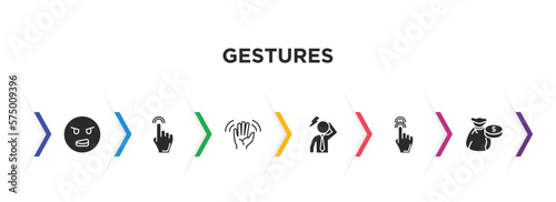 gestures filled icons with infographic template. glyph icons such as dissatisfaction, hand pointer, greetings, dubious, drag up, money bag of dollars vector.