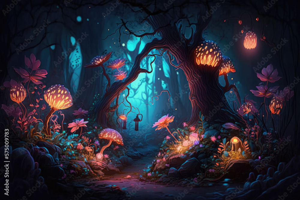 Fairy forest at night, fantasy glowing flowers and lights. Generated AI.