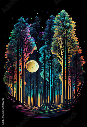 Tall orange cedar trees ethereal forest,psychedelic color,line drawing neon light