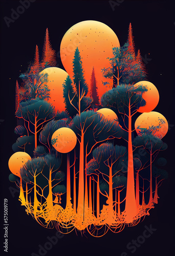 Tall orange cedar trees ethereal forest,psychedelic color,line drawing neon light