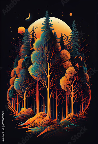 Tall orange cedar trees ethereal forest,psychedelic color,line drawing neon light