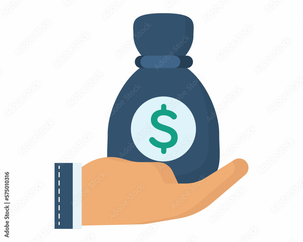 money bag icon with a dollar sign in hand, investment. money bag icon with a dollar sign in hand, investment.