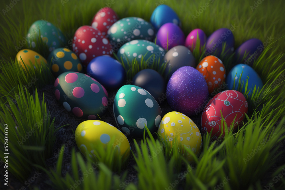 Easter eggs in the grass, made with Generative AI