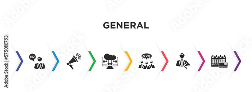 general filled icons with infographic template. glyph icons such as hr manager, agitation, computing technology, group opinion, advertising agency, annual fee vector.