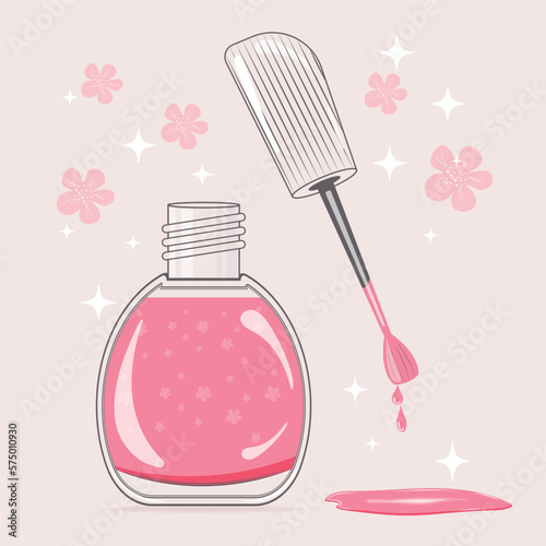 A bottle of nail polish in a soft pink color. Natural cosmetics. Vector illustration . The concept of beauty and tenderness