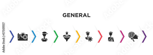 general filled icons with infographic template. glyph icons such as prototyping, teenager, lead conversion, user behavior, shoulder immobilizer, marketing budget vector.