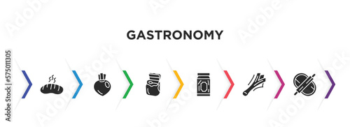 gastronomy filled icons with infographic template. glyph icons such as bun, turnip, floss, pickles, leek, dough vector.