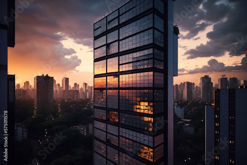 Modern skyline skyscape corporate buildings sunset. Generative AI Fototapet