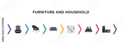 furniture and household filled icons with infographic template. glyph icons such as single, lounge chair, comfortable, fader, kotatsu, chiller vector.