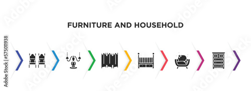 furniture and household filled icons with infographic template. glyph icons such as ceremonial, candelabrum, folding screen, baby cot, cleaned, drawer chest vector.