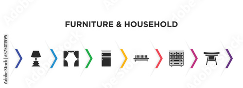 furniture & household filled icons with infographic template. glyph icons such as lamps, curtain, refrigerator, daybed, chest of drawers, ottoman vector.