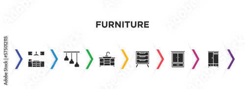 furniture filled icons with infographic template. glyph icons such as kitchen furniture, chandelier, kitchen sink, bedside table, clo, wardrobe vector.