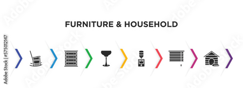 furniture & household filled icons with infographic template. glyph icons such as rocking chair, chest, glassware, water dispenser, window coverings, pet house vector.