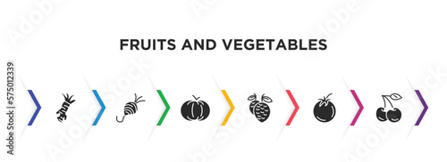 fruits and vegetables filled icons with infographic template. glyph icons such as horseradish, tuber, pumpkin, lychee, tomato, cherry vector.