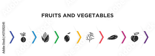 fruits and vegetables filled icons with infographic template. glyph icons such as plum, corn, lemon, dill, courgette, peach vector.