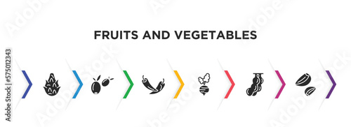 fruits and vegetables filled icons with infographic template. glyph icons such as dragon fruit, olive, pepper, beetroot, tamarind, garlic vector.