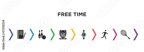 free time filled icons with infographic template. glyph icons such as write, bowling, hiking, watches, running man, tennis racket vector.